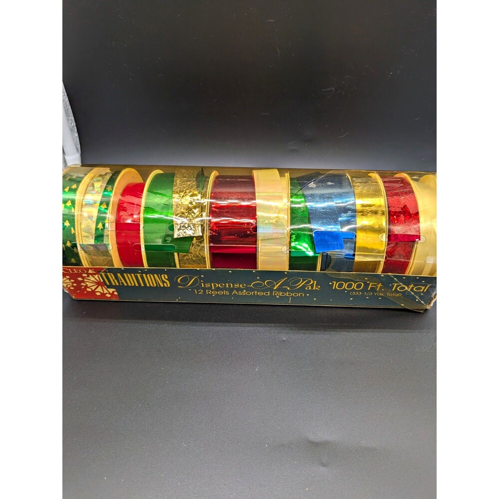 Vintage Cleo Traditions Dispense-A-Pak Christmas Ribbon Set - 12 Reels 1000 Ft